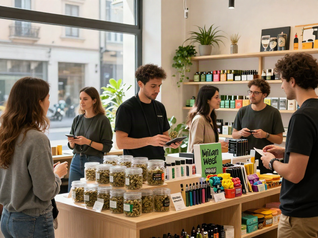 Milan Weed shop interior with customers exploring cannabis products and a welcoming budtender.