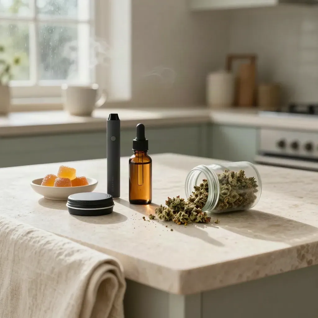 CBD wellness products on a stone island with steam, linen, and soft morning light.