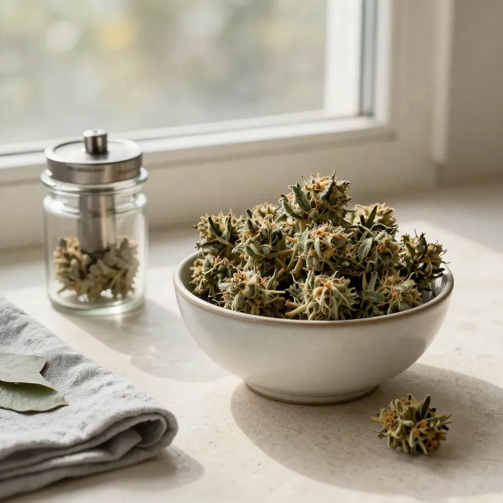 CBD flower buds in a ceramic bowl with a jar and grinder on stone by an open window