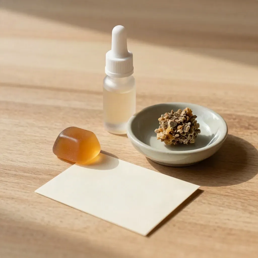 Top-down CBD dose still-life with gummy half, tincture bottle, bud, and folded card on walnut stone.