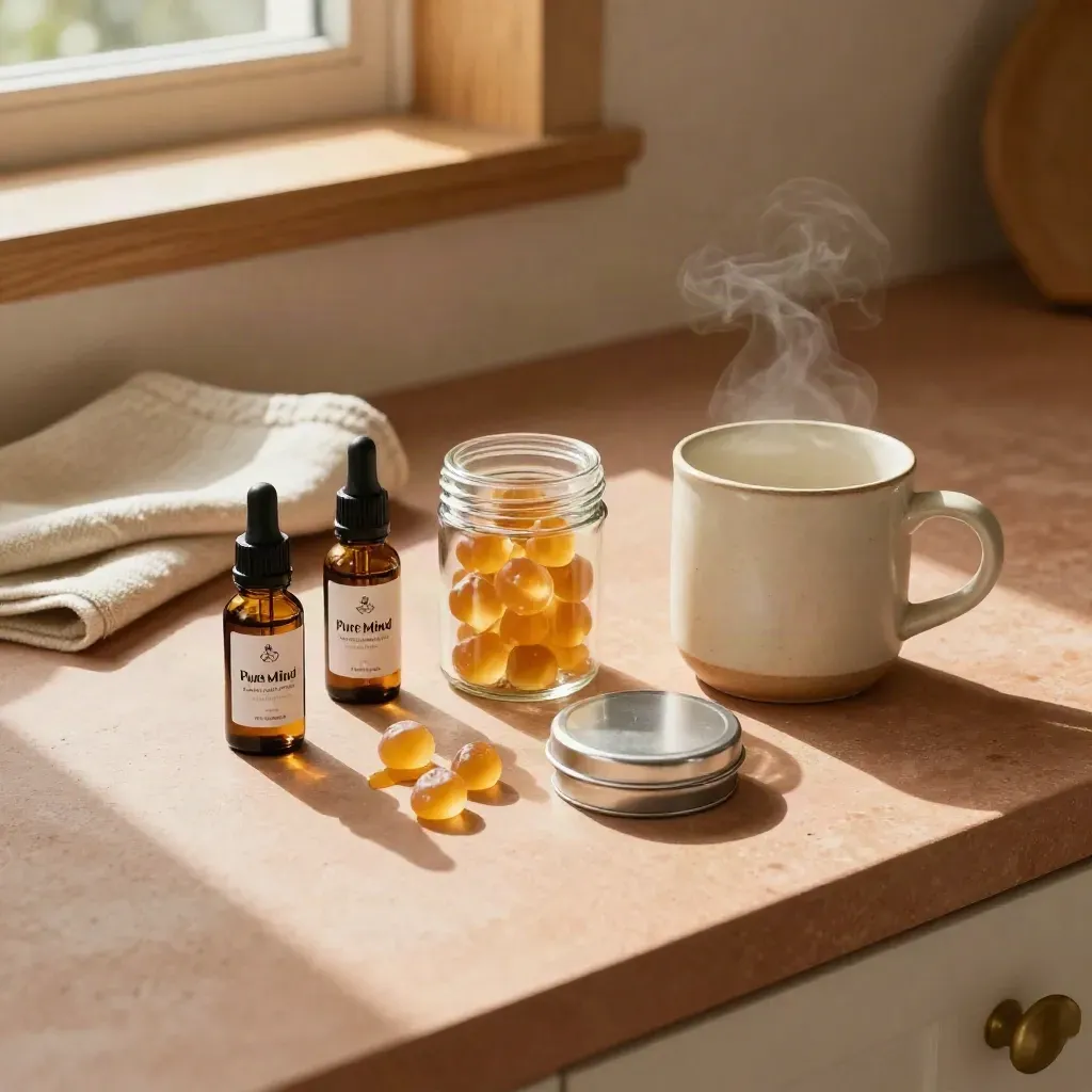 Sunlit tincture, gummies, topical tin, and mug on a terracotta kitchen counter.