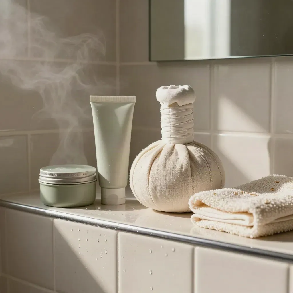 Topical balm, muscle rub, wheat pack, and towel on a steamy bathroom shelf