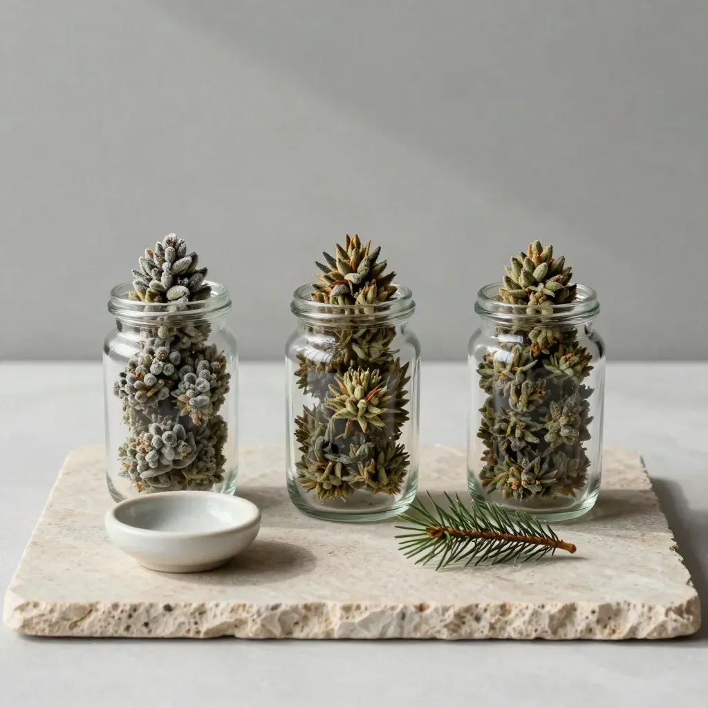 Overhead flatlay of three cannabis flower jars with pine sprig and ceramic dish on stone